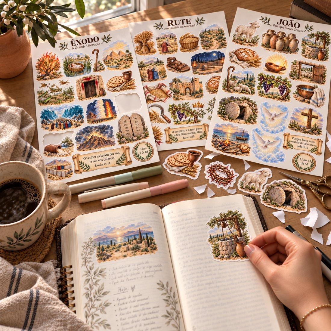 Bíblia aberta com adesivos, folhas impressas, canetinhas e café